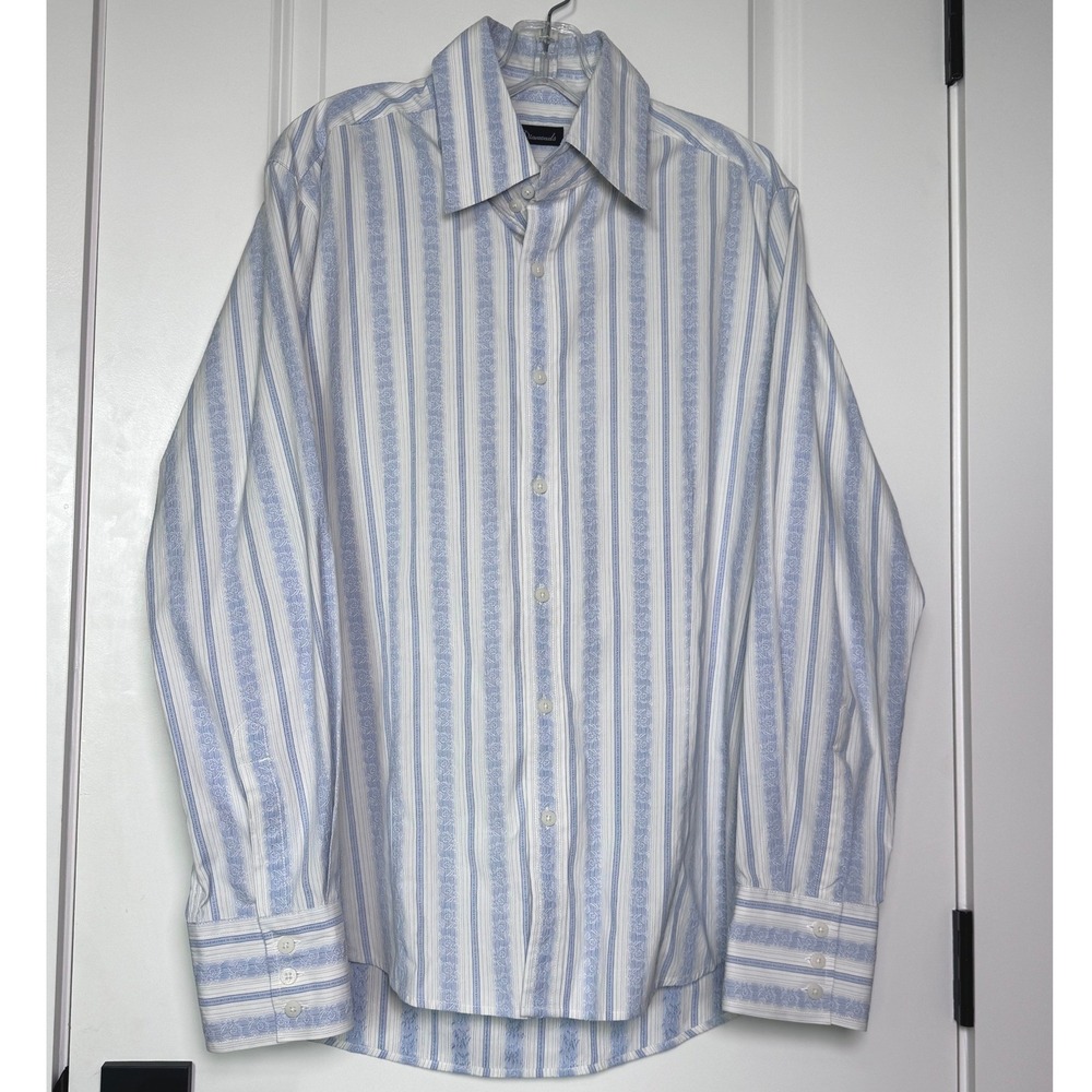 7 Diamonds Mens Large Blue White Striped Floral‎ Embroidered Button Down Shirt L